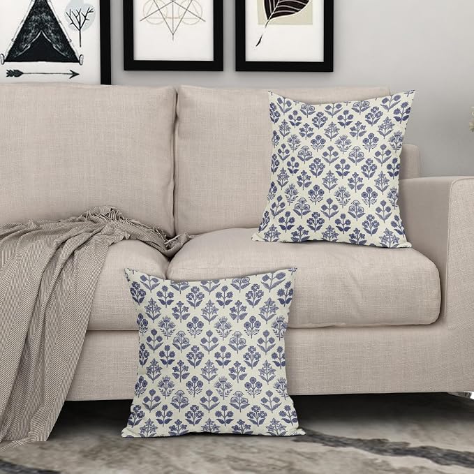 Navy Blue Floral Pillow Covers 22x22 Inch Set of 2, Vintage Flower Block Print - Image 3