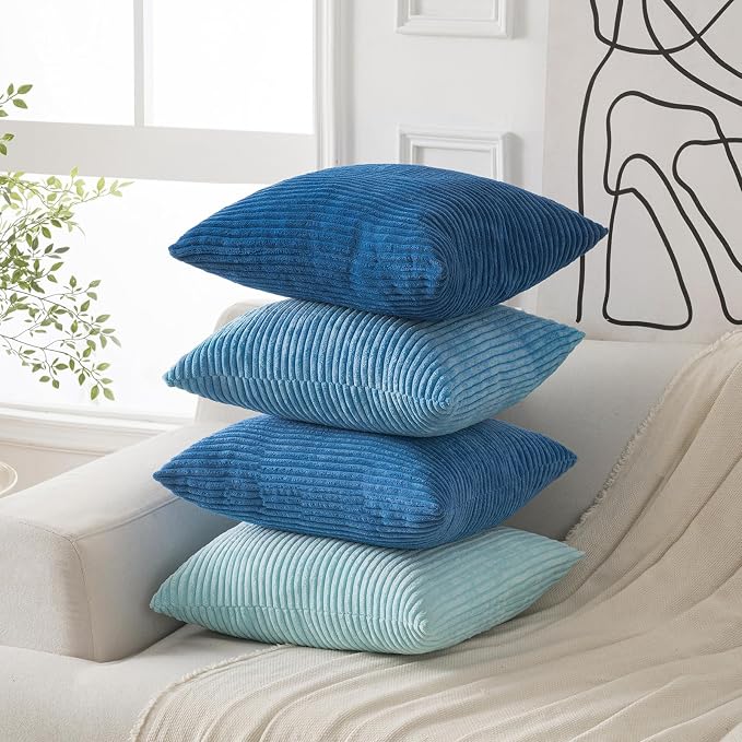 Volcanics Set of 4 Light Blue Corduroy Decorative Couch Throw Pillow Covers - Image 2