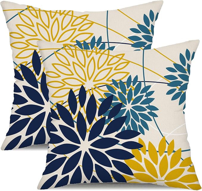 DFXSZ Blue Yellow Flower Pillow Covers 20x20 Inch Set of 2 Outdoor Throw by DFXSZ