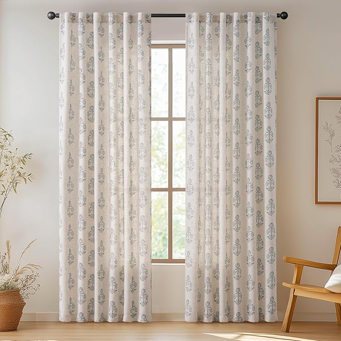 jinchan Linen Floral Curtains for Living Room 84 Inch Length Blue Flower - Image 2