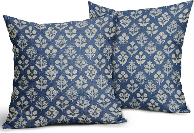 Blue Floral Pillow Covers 24x24 Inch Set of 2, Vintage Flower Block Print - Image 2