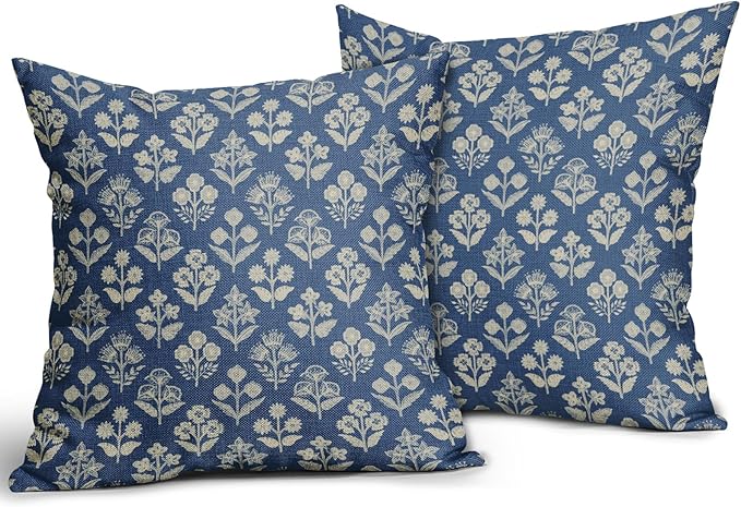 Blue Floral Block Print Pillow Covers 16x16 Inch Set of 2, Vintage Flower - Image 2