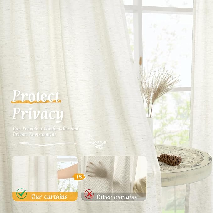 LAMIT Cream Linen Curtains 48 Inch Length 2 Panels, Light Filtering Faux Linen - Image 5