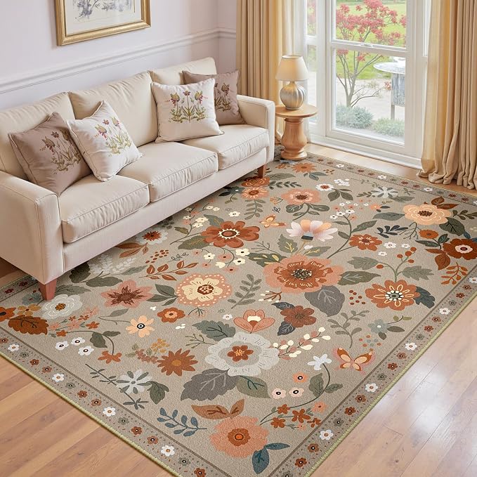 RELEANY Floral Nursery 6x9 Area Rugs Washable Print Boho Cute Carpet Non Slip by RELEANY
