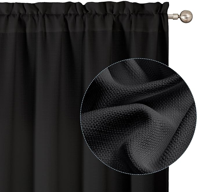 Chyhomenyc Black Curtains 63 Inch Length 2 Panels, Faux Linen Textured Semi by Chyhomenyc