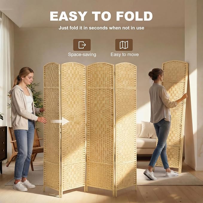 HOMCOM Room Divider, 6 Ft 4 Panel Folding Privacy Screen, Hand-Woven PP Wall - Image 3