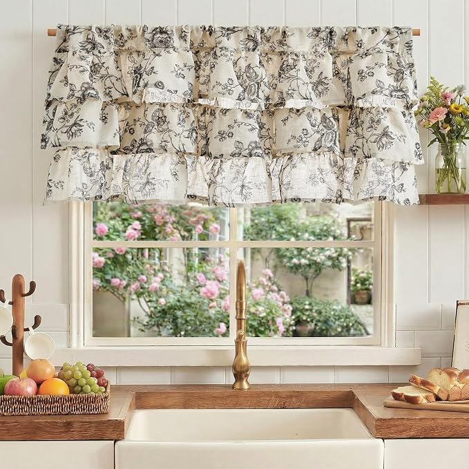 jinchan Amlie Ruffled Floral Valance Curtain Shabby Chic Linen Kitchen Valance - Image 2