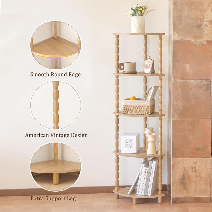 MaxSmeo Corner Bookshelf, 5-Tier Corner Shelf Stand, Modern Corner Plant Shelves - Image 4