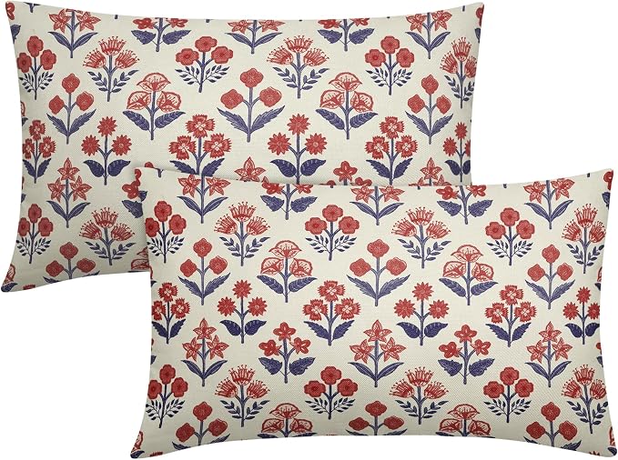 4th of July Patriotic Floral Block Print Pillow Covers 12x20 Inch Set of 2 by Sivirary