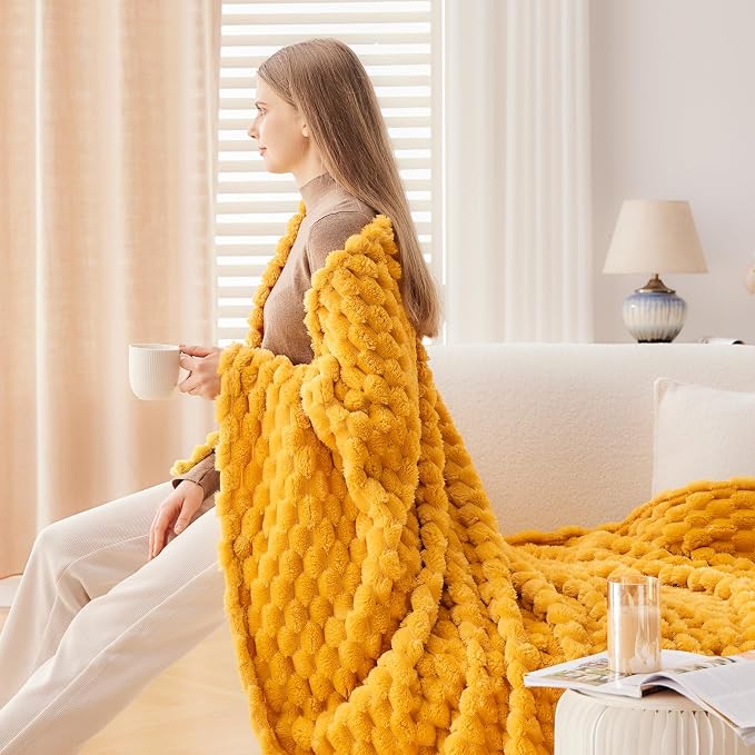 NEWCOSPLAY Super Soft Twin Blanket Mustard Yellow Premium Silky Flannel Fleece - Image 4