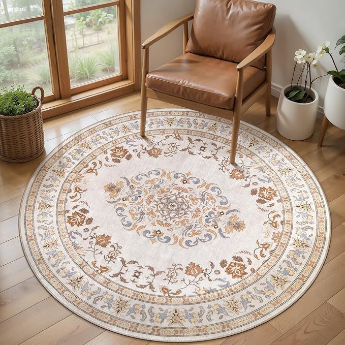 Tangsoo Vintage Round Rug 4ft Washable Circle Rug, Non Slip Small Beige Round by Tangsoo