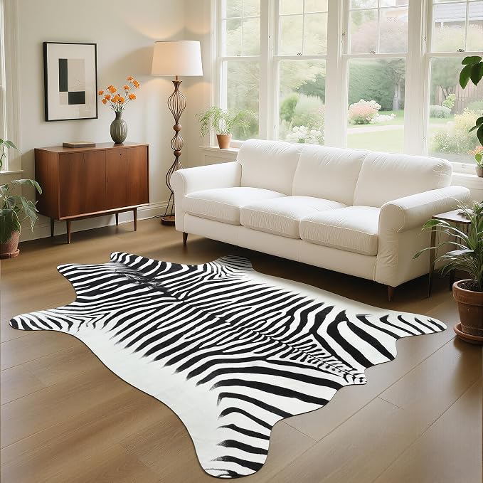 Easycozy Faux Zebra Pattern Rug: 4.6 x 5.2 Bold Zebra Stripe Faux Cowhide Area - Image 9