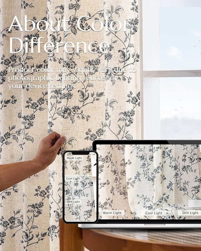 jinchan Linen Floral Curtains for Living Room 84 Inch Length Black Printed - Image 7