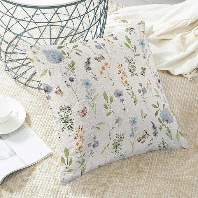 Spring Pillow Covers 16x16 Inch Set of 2, Sage Green Blue Wild Flower Throw - Image 4