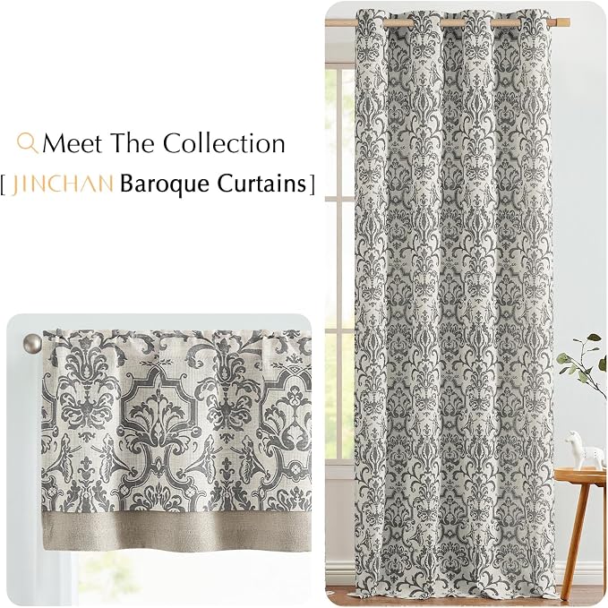 jinchan Linen Valance Curtain for Kitchen Vintage Damask Floral Blackout - Image 9