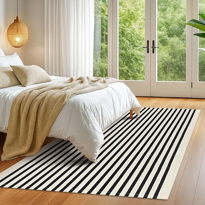 KOZYFLY Black and Beige Striped Rug 5x8 Ft Area Rug Washable Indoor Outdoor Rug - Image 2