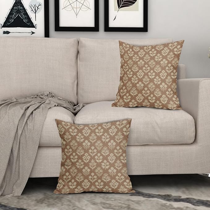 Brown Floral Pillow Covers 22x22 Inch Set of 2, Vintage Flower Block Pattern - Image 3