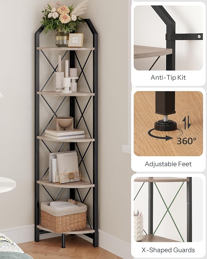 CHOEZON 5-Tier Corner Shelf, Industrial Corner Bookshelf, 59.4" Corner Storage - Image 4