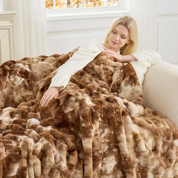 Cozy Bliss Deluxe Striped Rabbit Faux Fur Throw Blanket, Soft Fluffy Warm Plush - Image 8