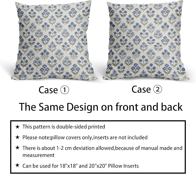 Blue Grey Gray Floral Pillow Covers 22x22 Inch Set of 2, Vintage Flower Block - Image 6
