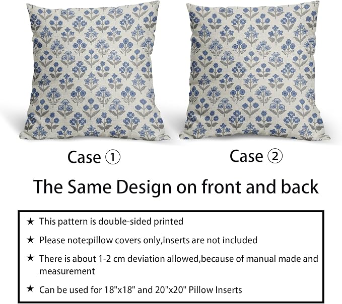 Blue Grey Gray Floral Pillow Covers 24x24 Inch Set of 2, Vintage Flower Block - Image 6