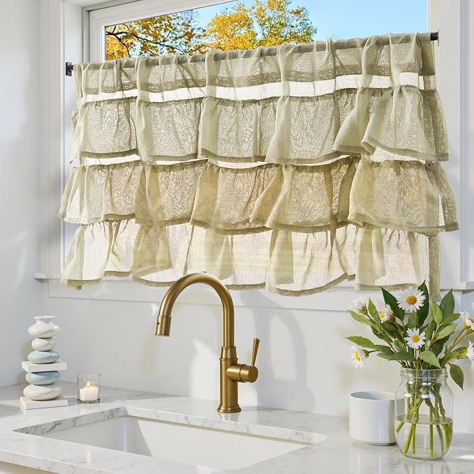 jinchan Sage Green Ruffled Valance Curtain - Image 2