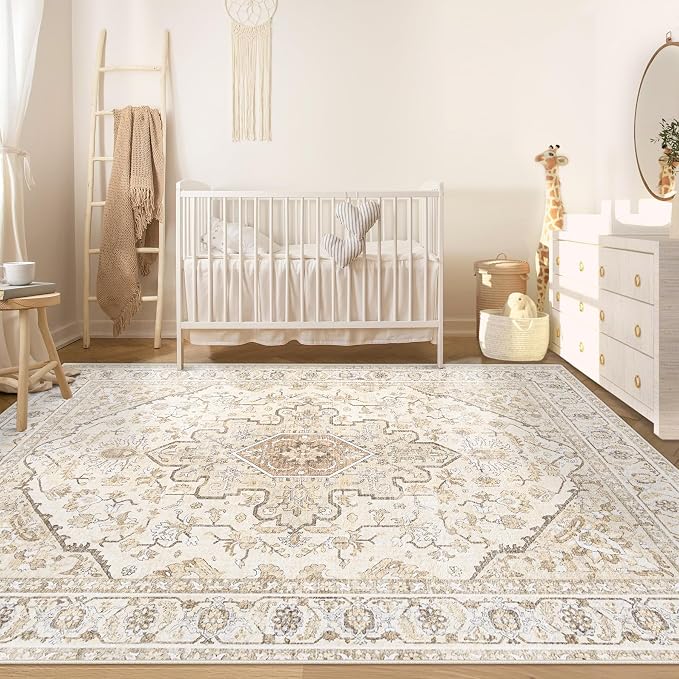 Area Rugs 6x9 Vintage Rug: Washable Living Room Rug Retro Medallion Distressed - Image 3