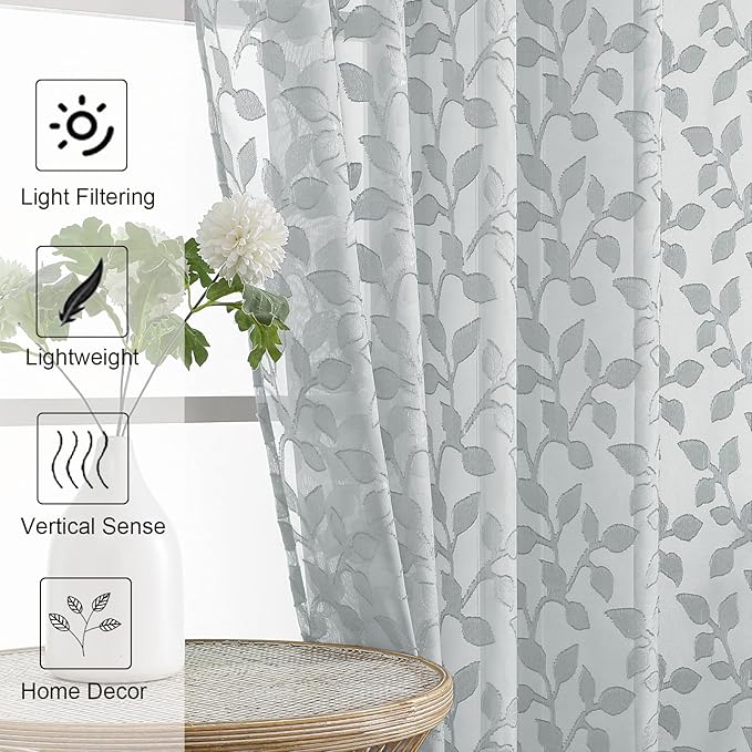 Chyhomenyc Light Grey Sheer Curtains 24 Inch Length, Light Filtering Leaf - Image 8