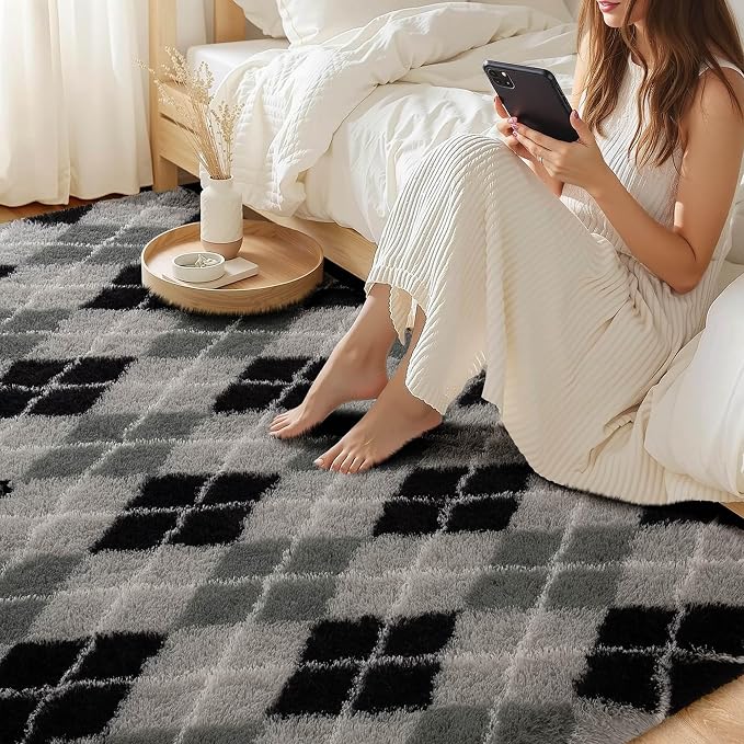 Meralax Black and Grey Checkered Area Rug, Geometric 4x6 Soft Fluffy Rugs - Image 4
