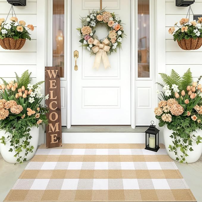 OLANLY Buffalo Plaid Rug 3' x 5' – Beige and White Cotton Checkered Doormat - Image 7