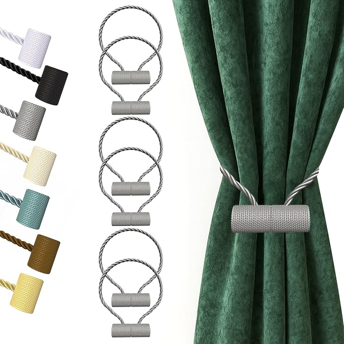 Hion Magnetic Curtain Tiebacks Grey 6 Pack, Curtain Tiebacks Buckles Holdbacks by Hion