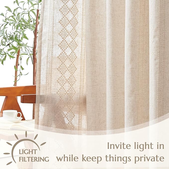 jinchan Boho Curtains Linen Blend Ivory Farmhouse Curtains 96 Inches Long - Image 4