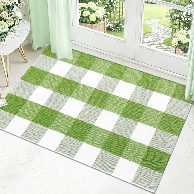 OLANLY Buffalo Plaid Rug 2'4" x 3'7" – Green and White Cotton Checkered Doormat - Image 3