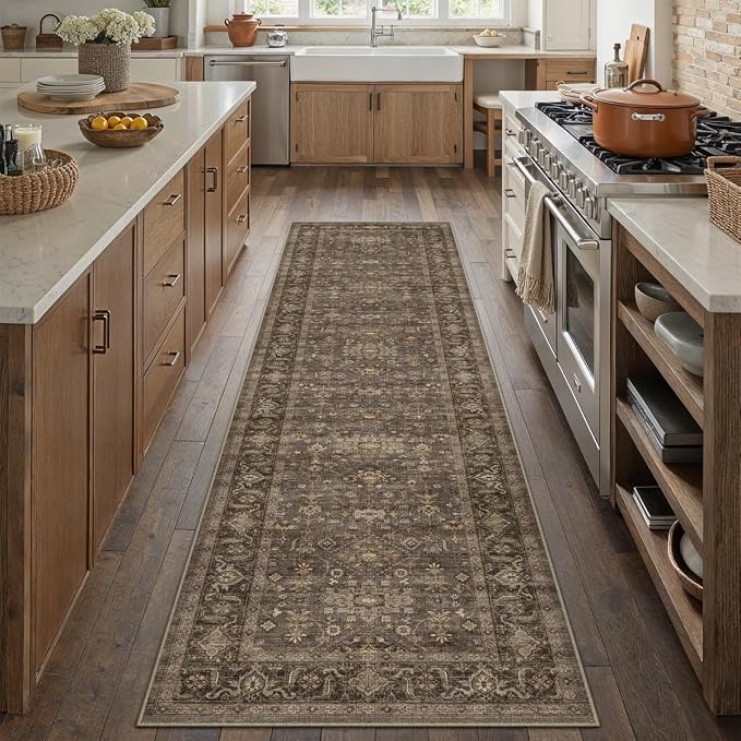 2'6x10 Washable Runner Rug for Hallway Kitchen Vintage Brown Non Slip Low Pile - Image 4