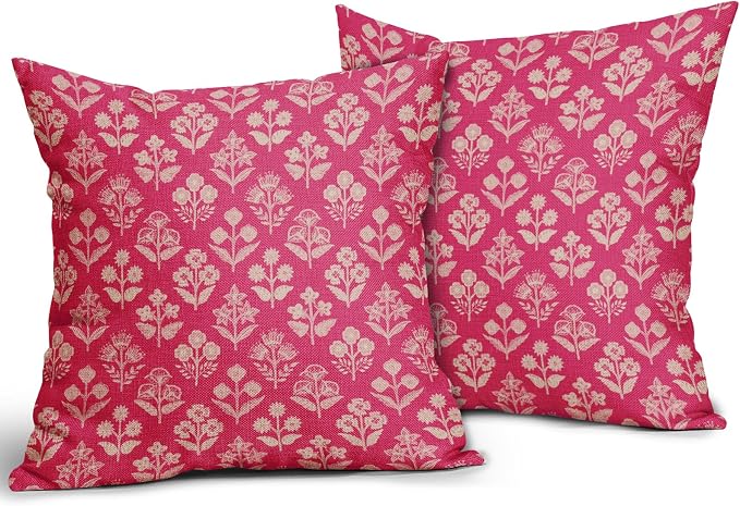 Hot Pink Floral Block Print Pillow Covers 20x20 Inch Set of 2, Vintage Flower - Image 2