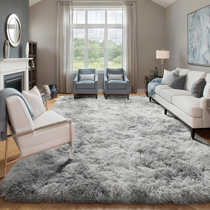 ONASAR 6x9 Area Rugs for Living Room, Large Tie-Dyed Light Grey Fluffy Shag Rug - Image 4