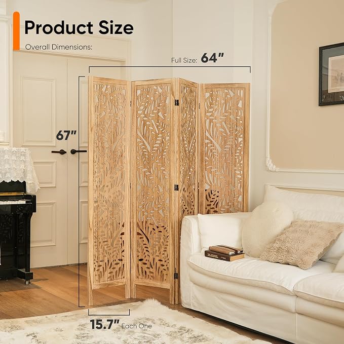 Boho Room Divider with Leaves Carving, 4-Panel Openwork Wood Screen, Decorative - Image 2
