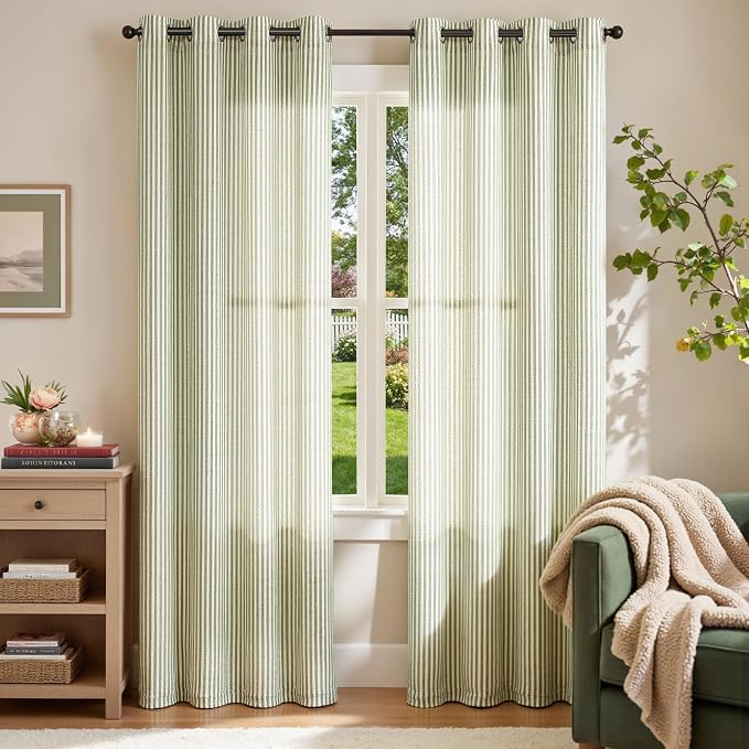 jinchan Linen Curtains for Living Room Green on Beige Striped Curtains for - Image 2
