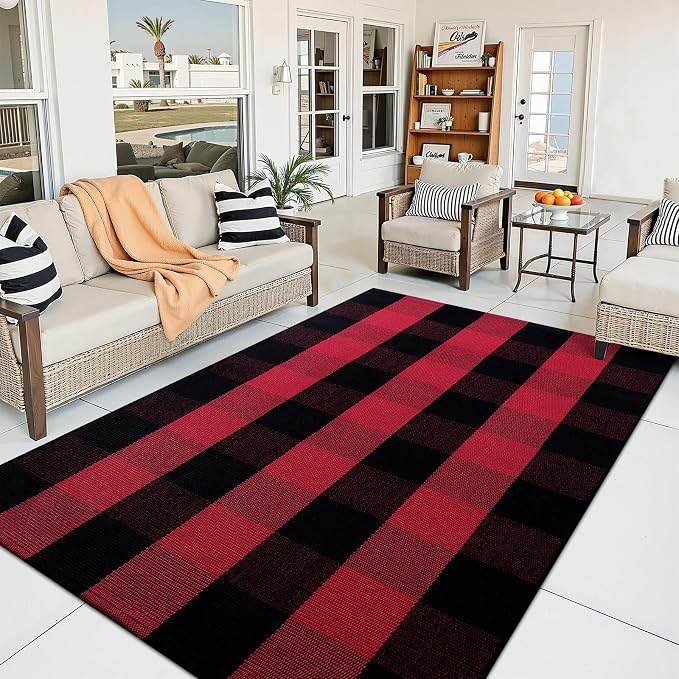 OLANLY Buffalo Plaid Rug 3' x 5' – Red and Black Cotton Checkered Doormat - Image 4