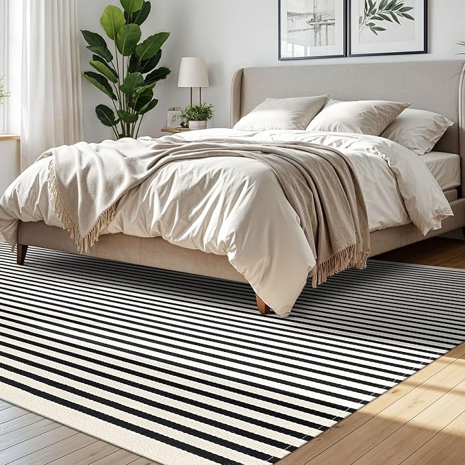 IOHOUZE Black Beige Striped Rug -8'x10' Indoor Outdoor Rug, Washable Area Rug - Image 3