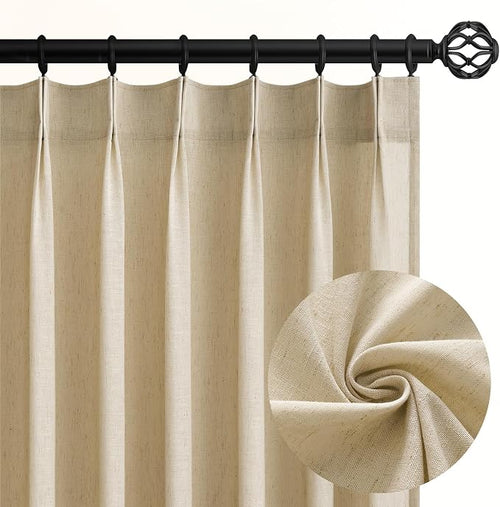 108 Inch Pinch Pleated Linen Curtains 2 Panels, Natural Beige Semi Sheer by Topfinel