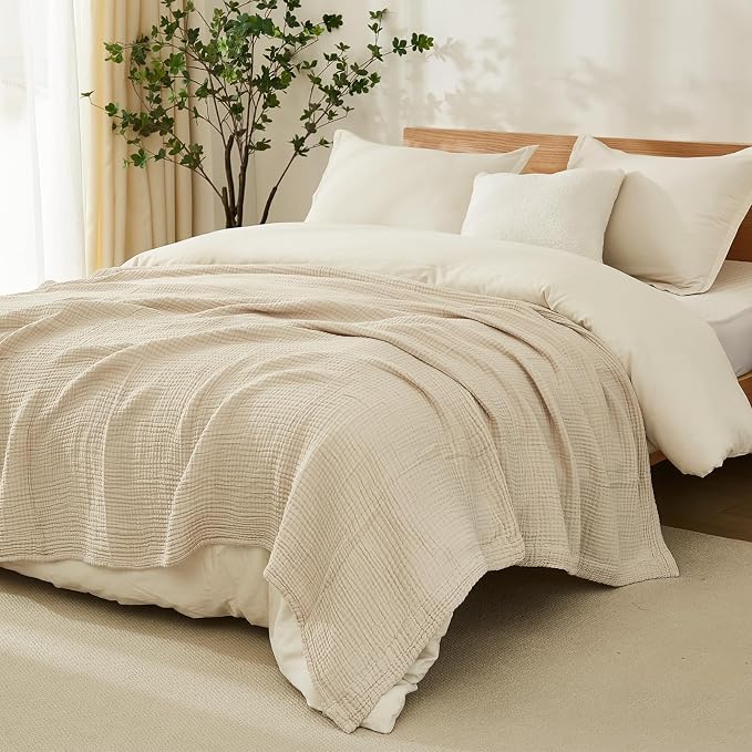 EMME Cotton Blanket Queen Size for Bed Soft Muslin Bed Blankets 90"x90" Light - Image 7