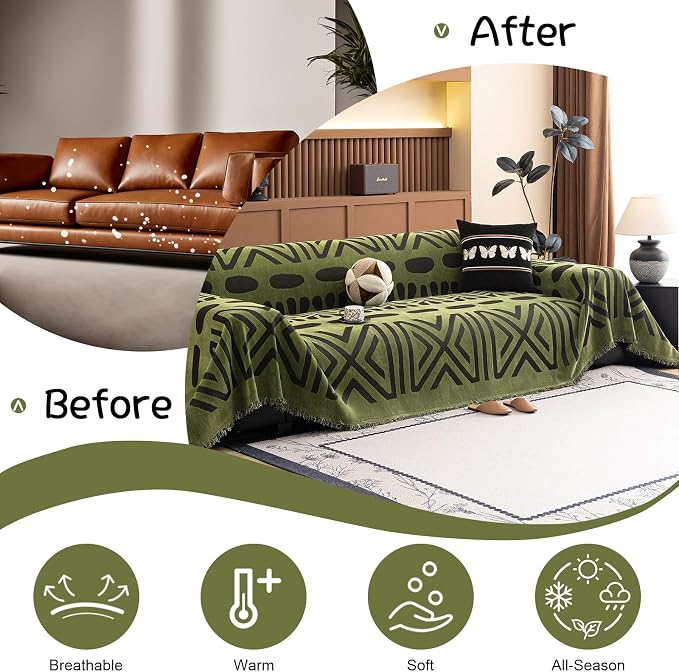 VClife Bohemian Green and Black Couch Cover Western Aztec Sofa Cover - Image 4