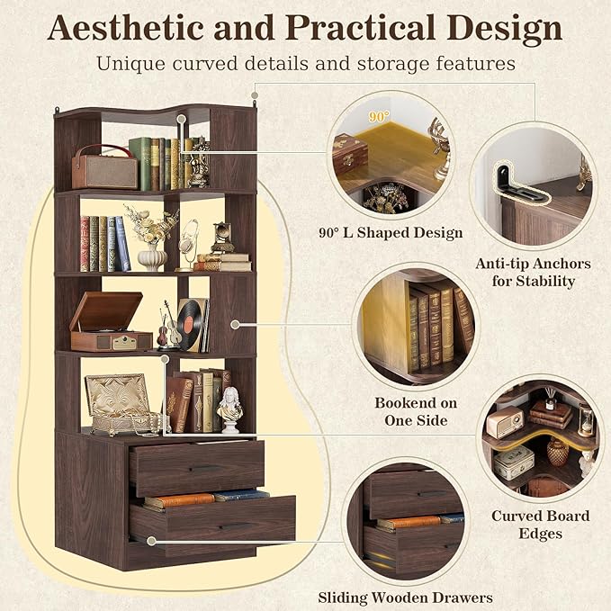 Armocity Corner Bookshelf with Drawers, 7 Tier Corner Book Shelf Display - Image 5