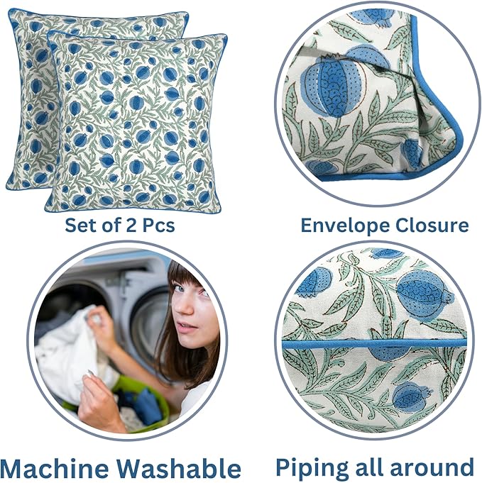 Ridhi Block Print Queen Blue Pillow Cover 18" x 18" Decorative Couch Pillows - Image 3