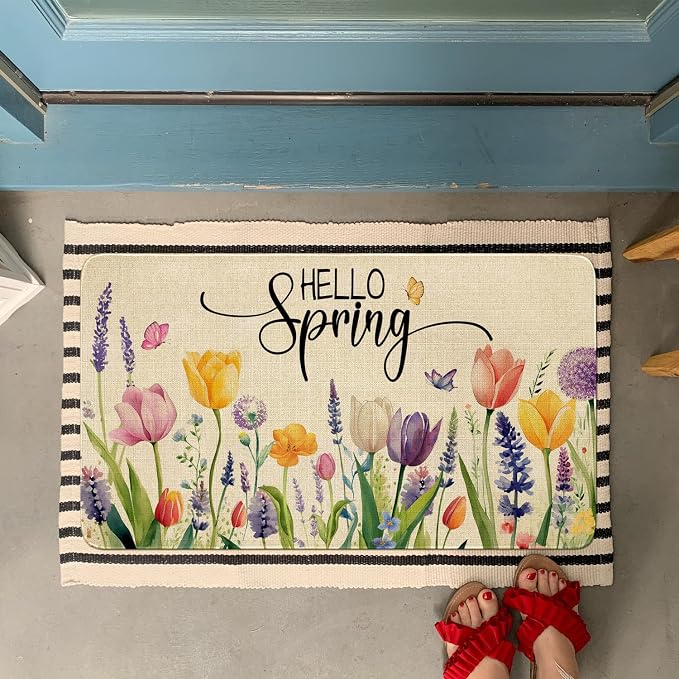 Spring Summer Door Mat, Hello Spring Tulip Lavender Flower Floral Indoor - Image 2