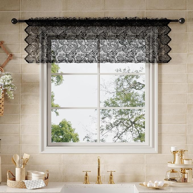 Rinwoc Black Lace Semi-Sheer Kitchen Valance Curtains – Vintage Floral Lace by Rinwoc