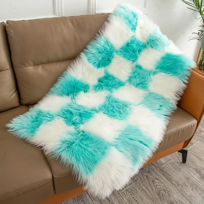 Fluffy Faux Fur Blue and White Checkered Rug，Small Area Rug, 2x4 Ft Ultra Soft - Image 2
