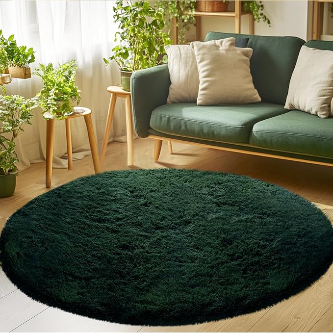 CAIYUECS Dark Green Round Rug for Bedroom: 4x4Feet Soft and Fluffy Area Rug for - Image 3