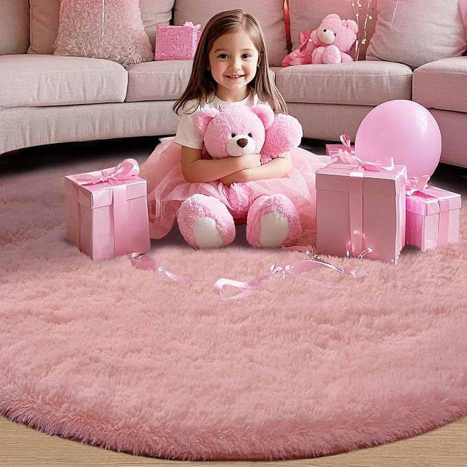 Blush Round 4x4ft Fluffy Rug: Ultra Soft Furry Girls Bedroom Carpet- Circle - Image 3